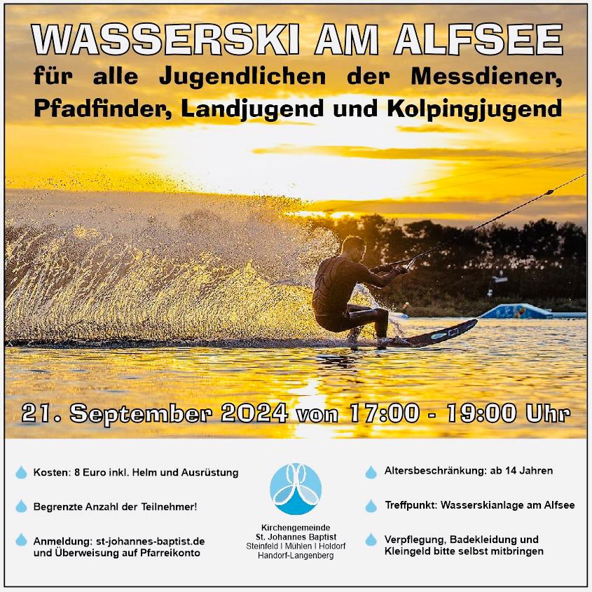 Werbebild für die Wasserski Aktion. Man sieht eine Person in der Abendsonne Wasserski fahren.